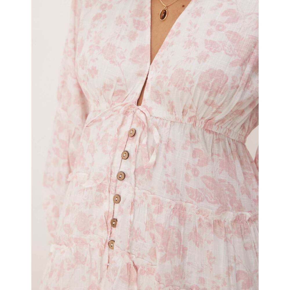 Free People Pappiet Midi Pink White Floral Boho VNeck Tiered Long Sleeve Dress - Picture 4 of 9
